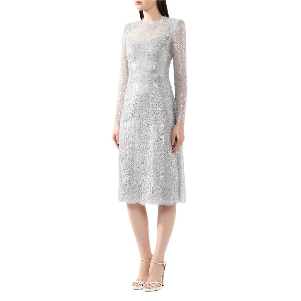 NWT DOLCE & GABBANA Cordonetto Lace Midi Dress Long Sleeves Silver 46 XL